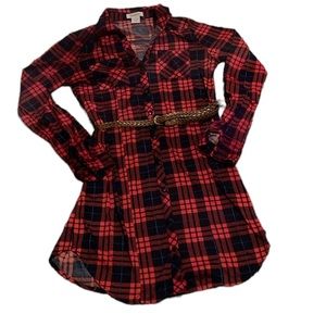 Passport plaid button down long sleeve belted shirt dress size small